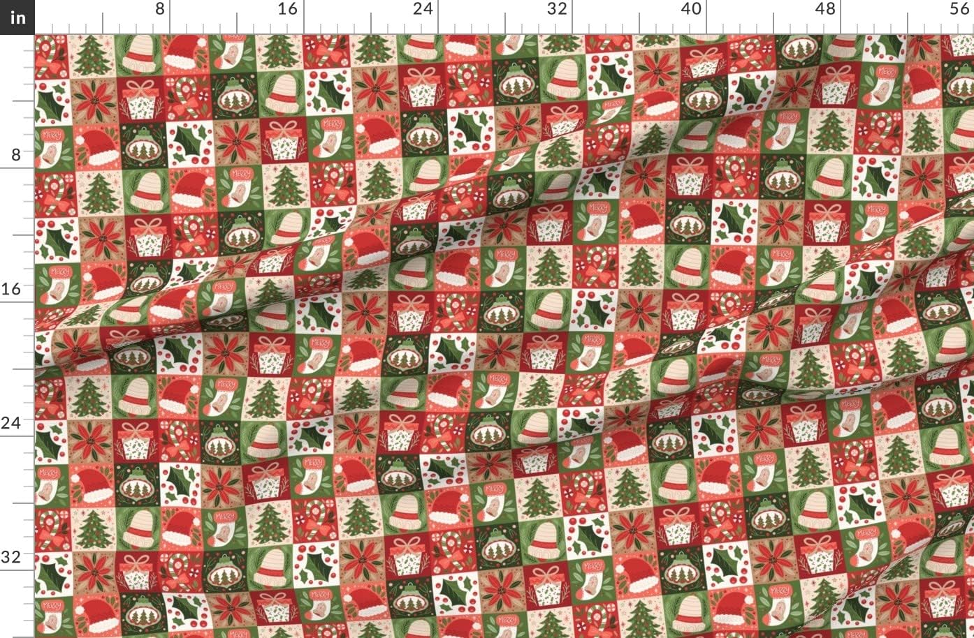 Spoonflower Fabric - Christmas Geo Holiday Green and Red Presents Stocking Poinsettia Holly Printed on Organic Cotton Sateen Fabric by The Yard - Sewing Quilting Apparel Home Decor