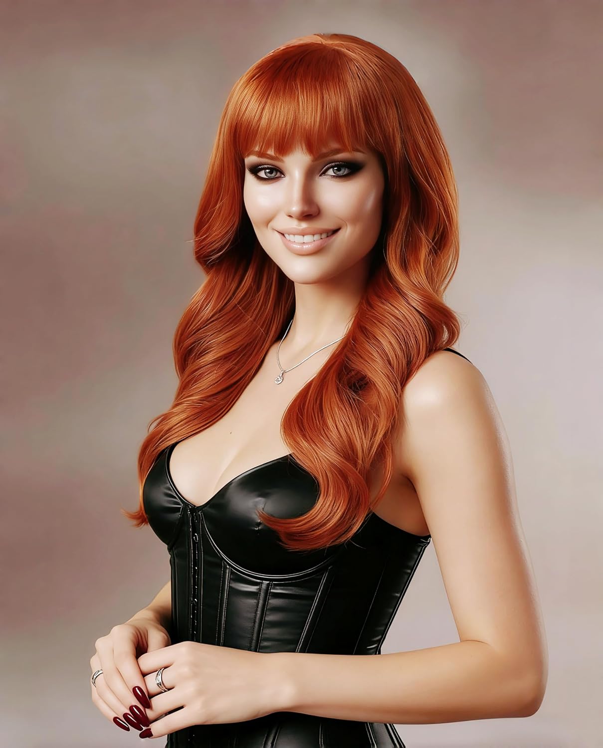 24 Inches Auburn Wigs for Women Long Copper Red Wavy Wig with Bangs Synthetic Natural Ginger Wig for Cosplay,Halloween,Daily Use