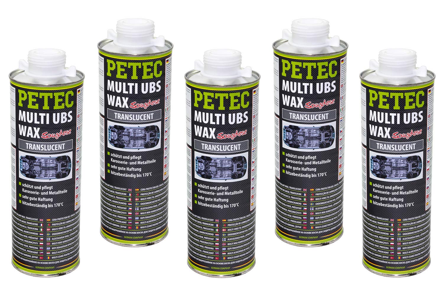 5x 1000 ml Petec UBS Wax Unterbodenschutz auf Wachsbasis Saugdose transparent