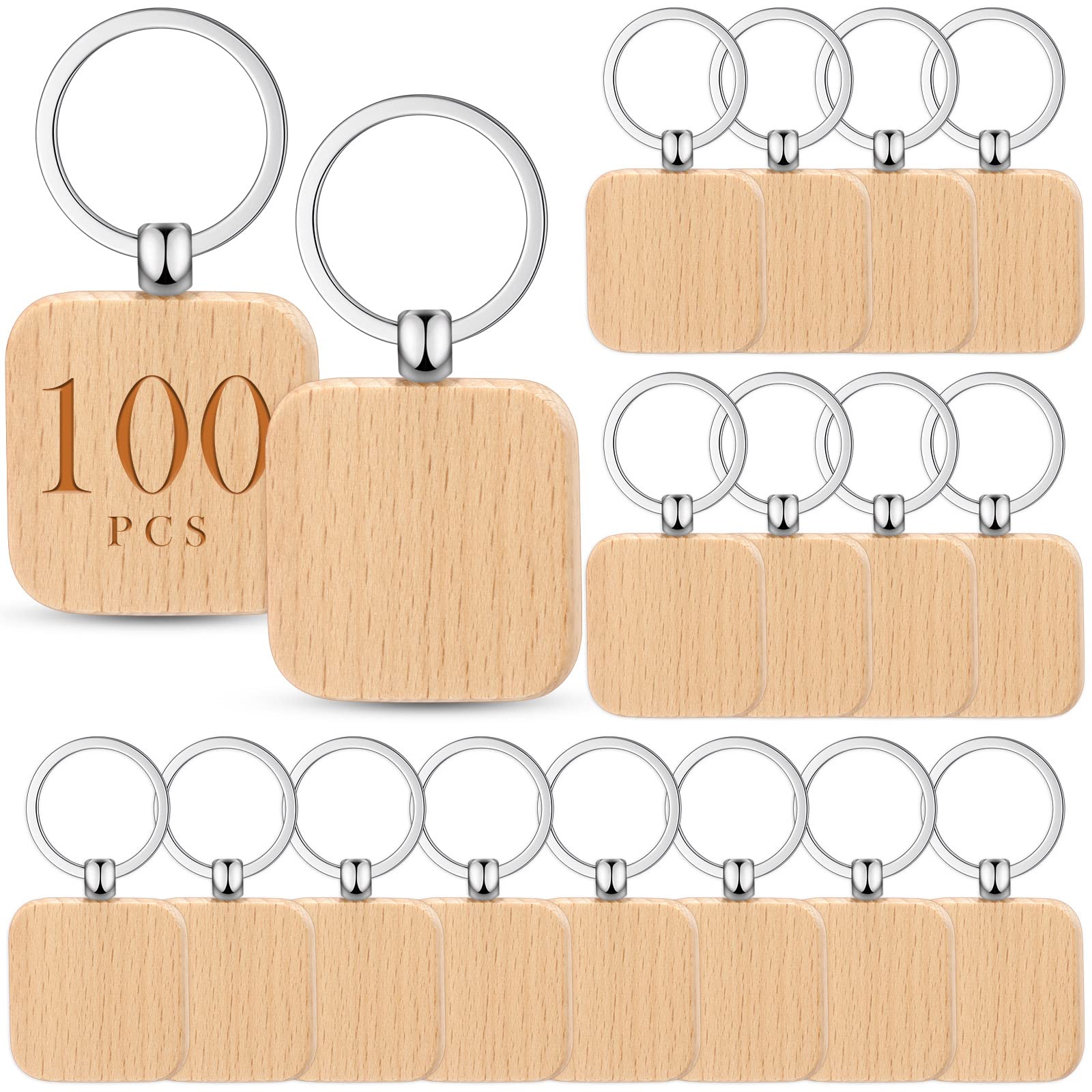 Yinkin Schlüsselanhänger aus Holz, Laser-Gravur, Rohlinge, quadratische Holzrohlinge, Schlüsselanhänger, Großpackung, unlackierter Holzschlüsselring, Schlüsselanhänger für DIY-Geschenk, Handwerk (100