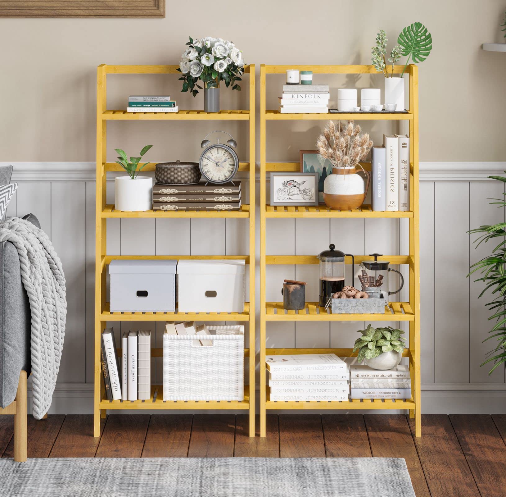 VIAGDO Badezimmerregal Badregal, Leiterregal mit 4 Ebenen, Bücherregal, Schuhregal, Pflanzenregal, Balkonregal, Blumenregal, Multifunktionales Bambus Regal für Kleine Raum, Bambus