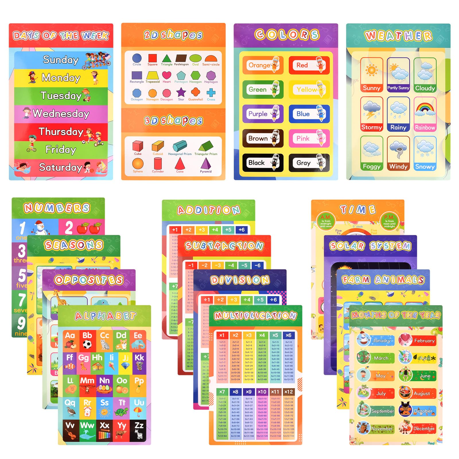 Xzeemo 16 Poster Educativi per Bambini 42x28cm, A3 Prescolastico, Educational Kids Numeri Alfabeto Matemática Tabelline, per Classe Scuola Materna Primaria