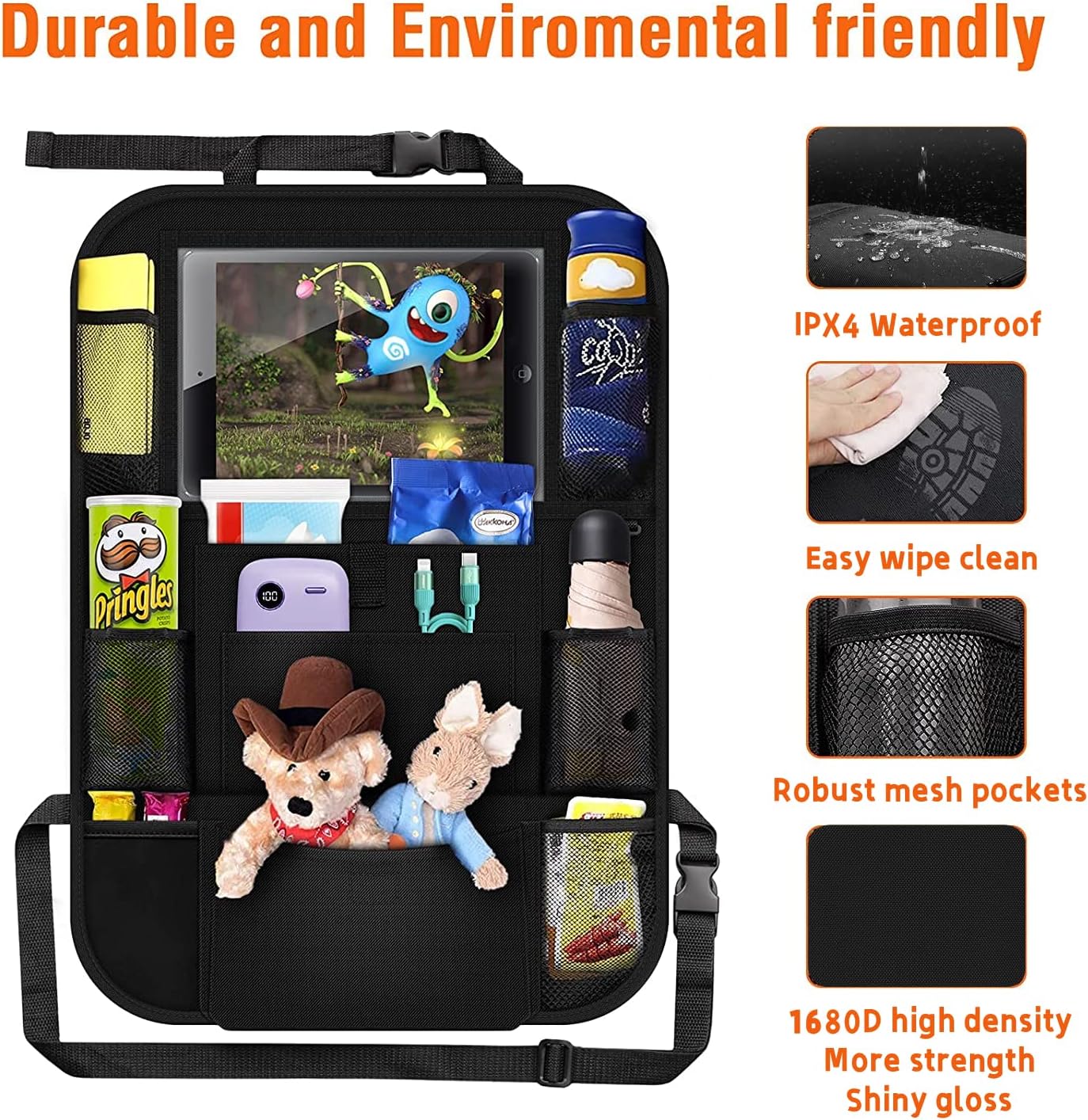 ONE PIX Backseat Car Organizer with 12" Tablet Holder and 11 Pockets 2 Hooks, Car Seat Back Organizer and Storage for Kids Road Trips, Back Seat Protector, Car Travel Accessories