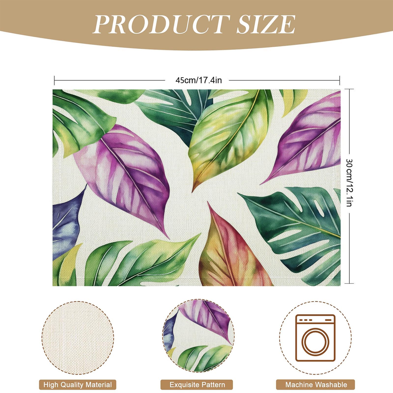 Set di 8 Tovagliette Americane Lavabili Cotone Lino Foglie tropicali - Tovaglietta Americana Resistenti al Calore Durevole Acquerello - per Colazione Pranzo 30×45 cm