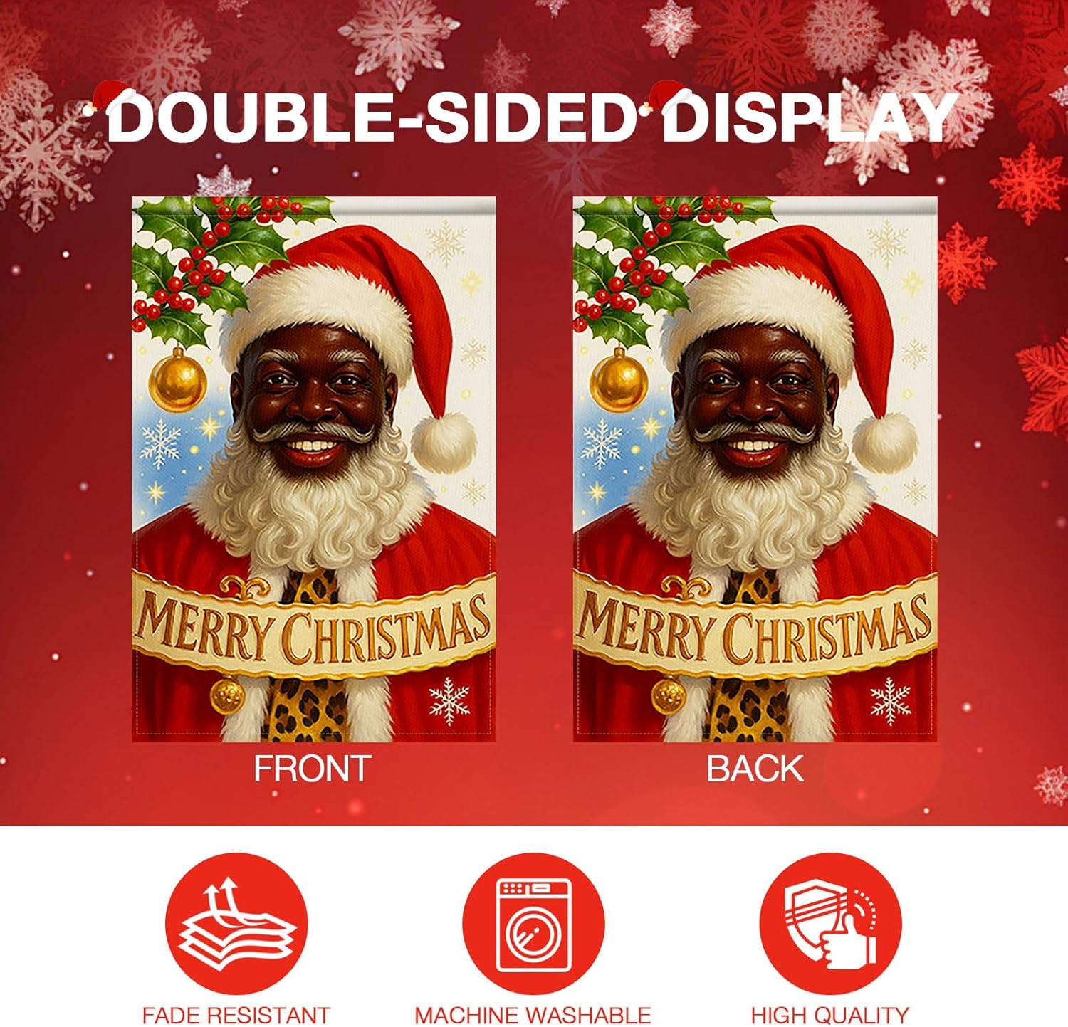 HOMETITUTE Merry Christmas African American Black Santa Garden Flag 12x18 Inch Double Sided Santa with Holiday Banner Holly Gold Ornament Flags Outdoor Winter Yard Banner - Image 5