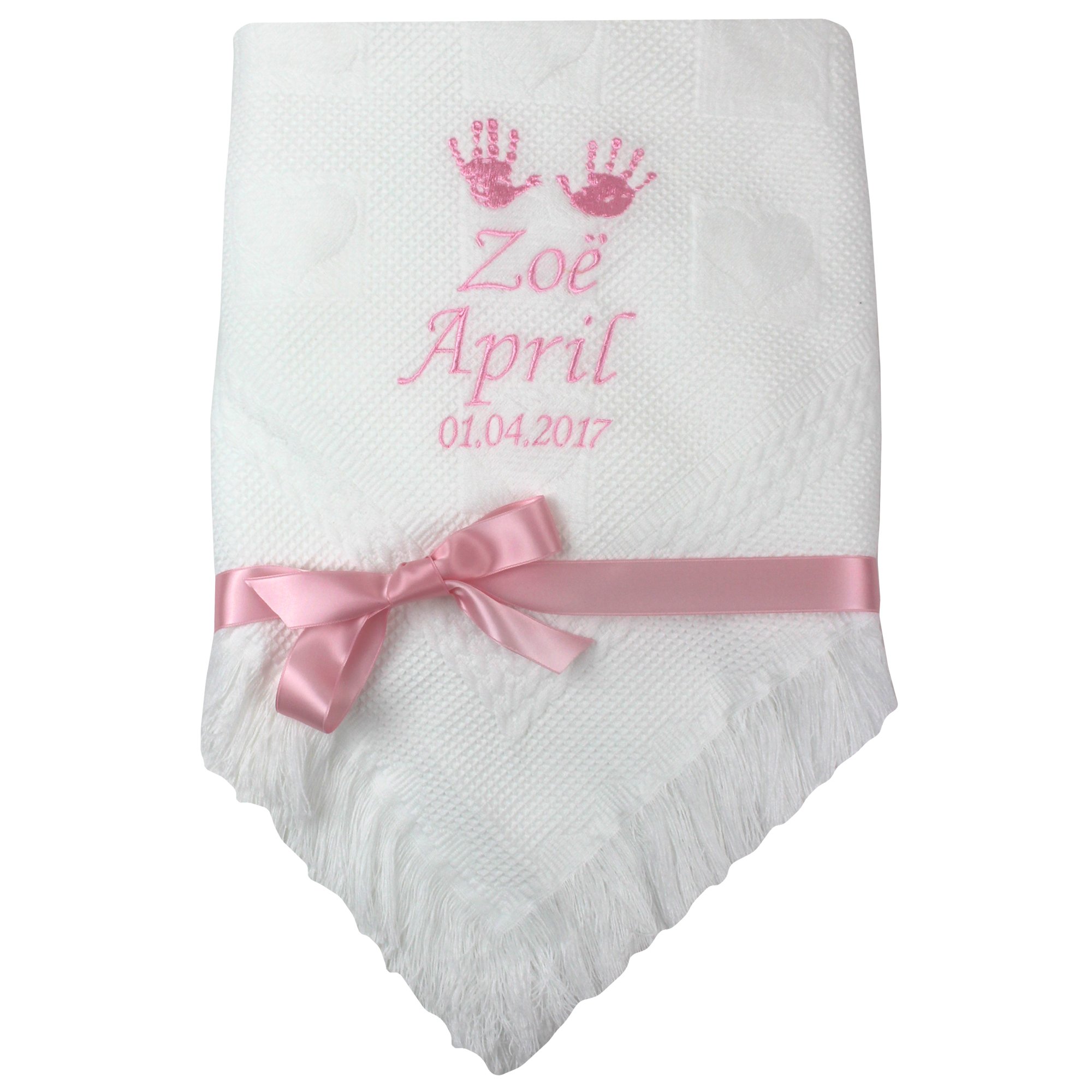 Personalised Handprint Shawl Blanket Gift with Name Embroidery (Pink Embroider)