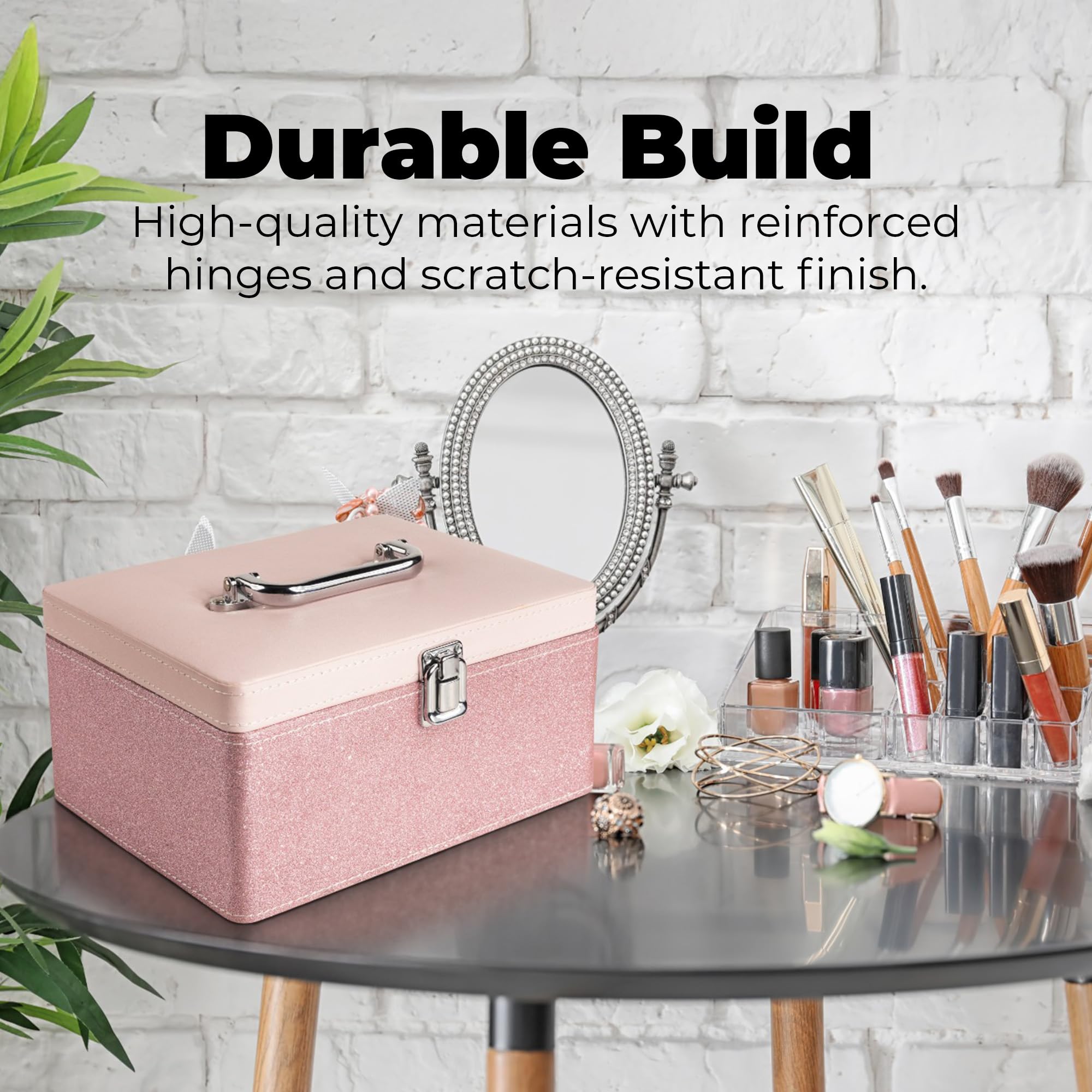 Makeup Box - Vanity Box for Women Bridal - Cosmetic Box Organiser, Durable, Stylish Finish for Home or Travel, Large Capacity Beauty Case for Brushes, Lipsticks & Skincare, Pink - Image 6 thumbnail