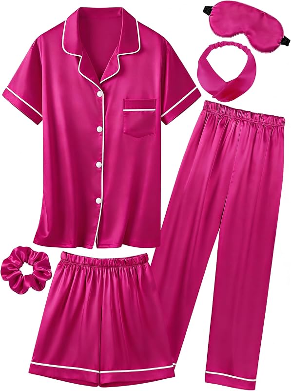 EPLAZA 3Pcs Kids Silk Pajamas Girls Satin Pajama Set Button-down Pjs Set