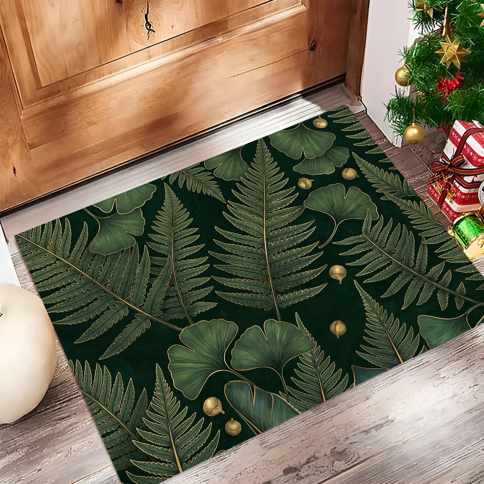 Felpudo Ultrafino para Interiores, 80X120Cm, Helechos De Lujo Alfombra Antideslizante Lavable para Entrada, Textura De Hoja Retro Felpudo De Perfil Bajo, Atrapa Suciedad, Verde Oscuro