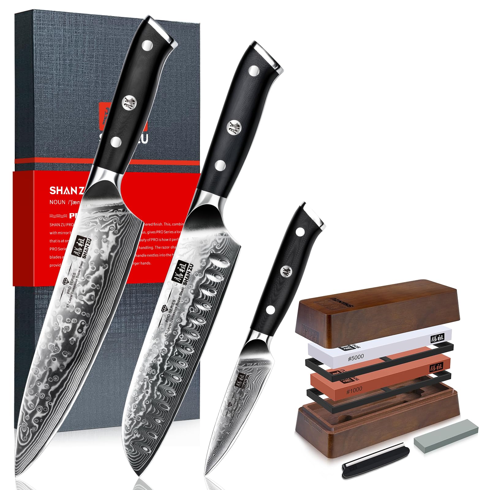 SHAN ZUDamascus Knife Set 3 PCS and 2 Pieces Knife Sharpener Whetstone Knife with Storage Box Sharpening Stone apanese Super Steel Damascus Kitchen Knife Set
