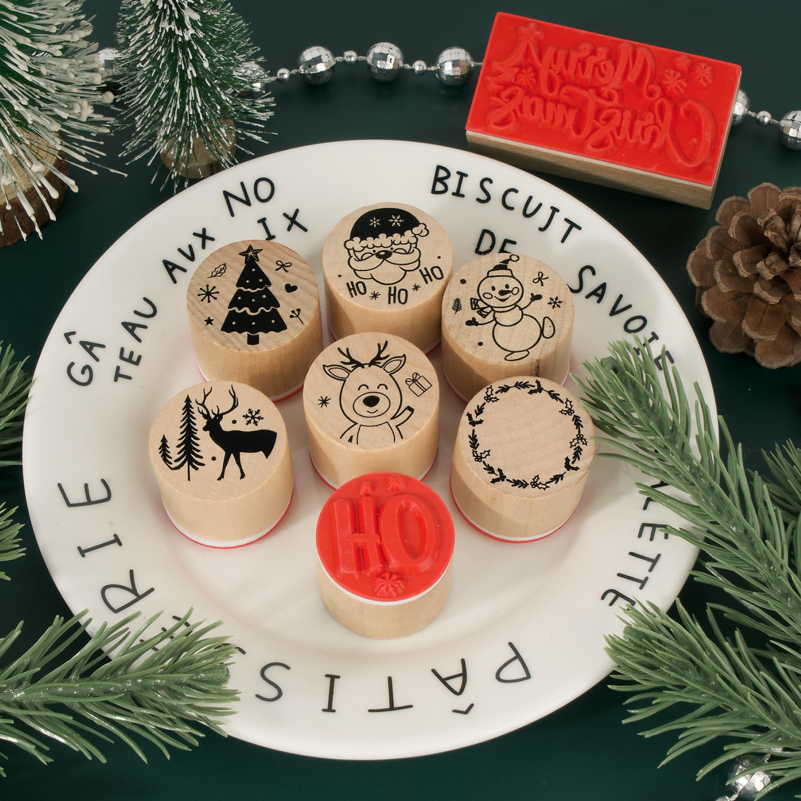 BOOMTOP 8pz Timbri Legno Natalizi Natale Renna Babbo Natale Albero di Natale Merry Christmas Timbri Natalizi in Legno per Scrapbooking