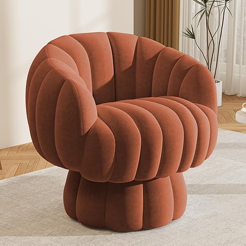 Mid Century Modern 360 Degree Barrel Swivel Accent Sofa Chair,Fluffy Velvet Fabric Lounge Wide Upholstered Pumpkin Reading Chair, Round Cloud Armchair for Living Room,Bedroom,Vanity(Burnt Orange) - 1p-burnt Orange-velvet