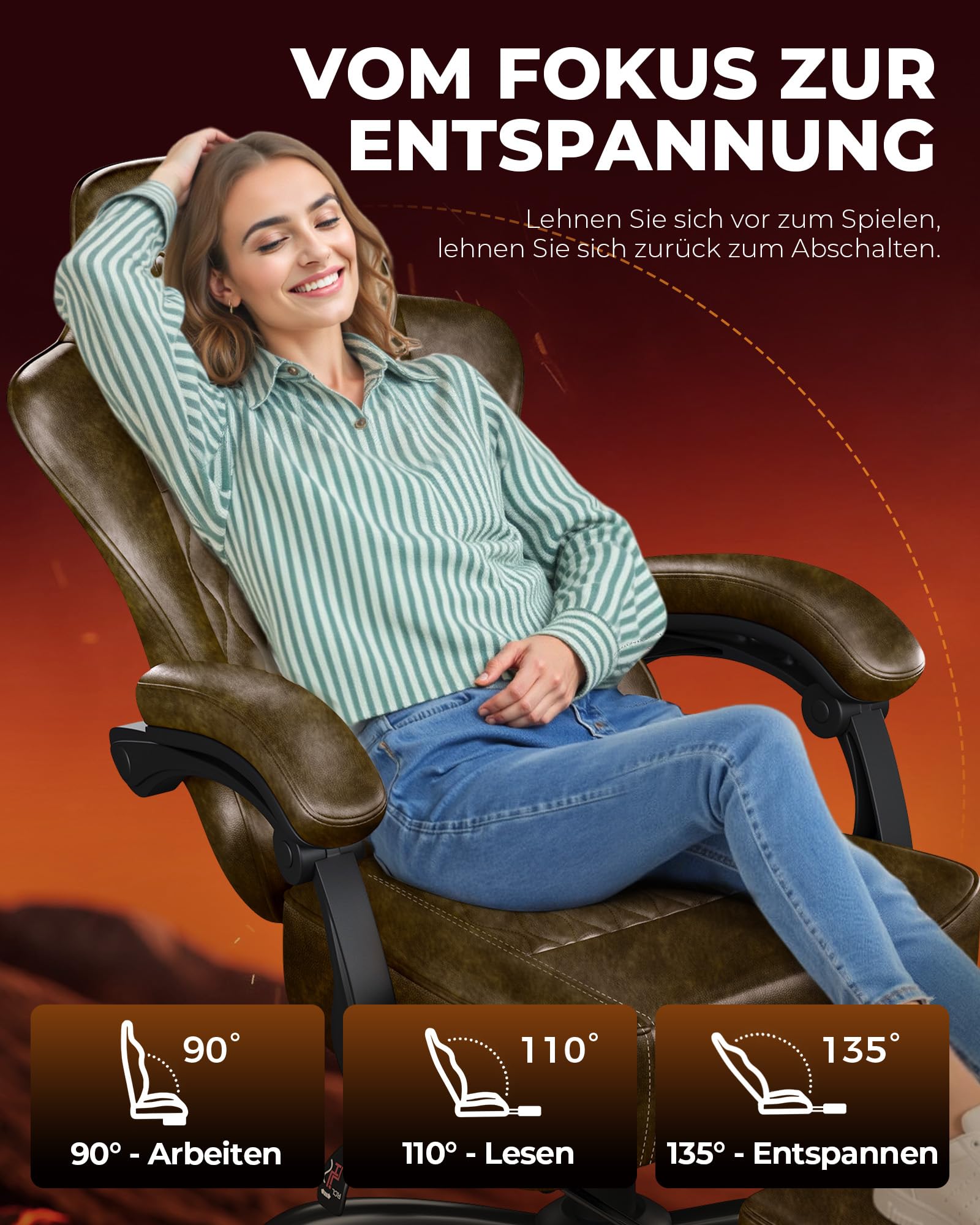 GTPLAYER Gaming Stuhl, Bürostuhl, Ergonomischer PC Stuhl, Höhenverstellbarer Drehstuhl,Armlehnen mit Synchronmechanik, Lendenkissen, Kopfkissen, bis 150 kg Belastbarkeit, Kunstleder, Retro-Braun