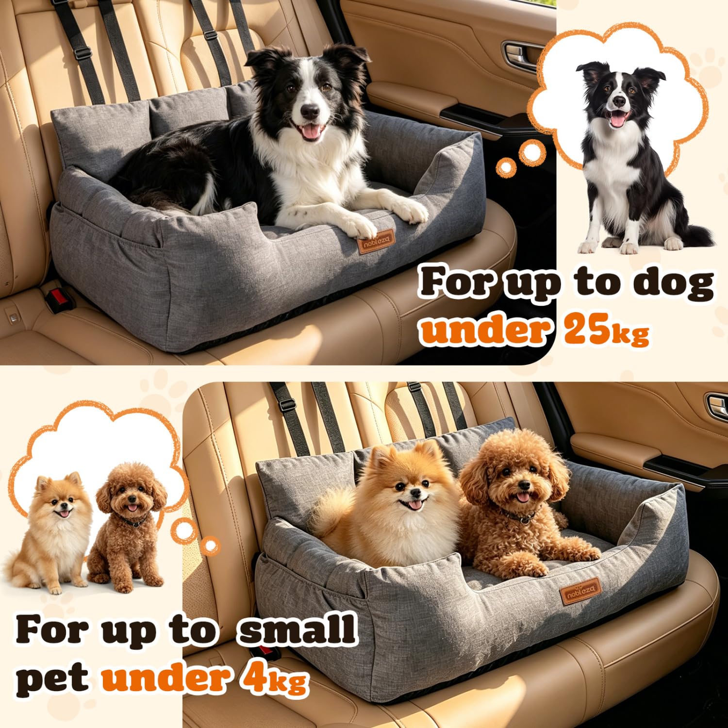 Nobleza - Hunde Autositz für Mittelgroße und Große Hunde, Abnehmbarer und Waschbarer Auto Reise Hundebett mit Staufächern und 2 Sicherheitsgurt, L92*W50*H40cm, Gris
