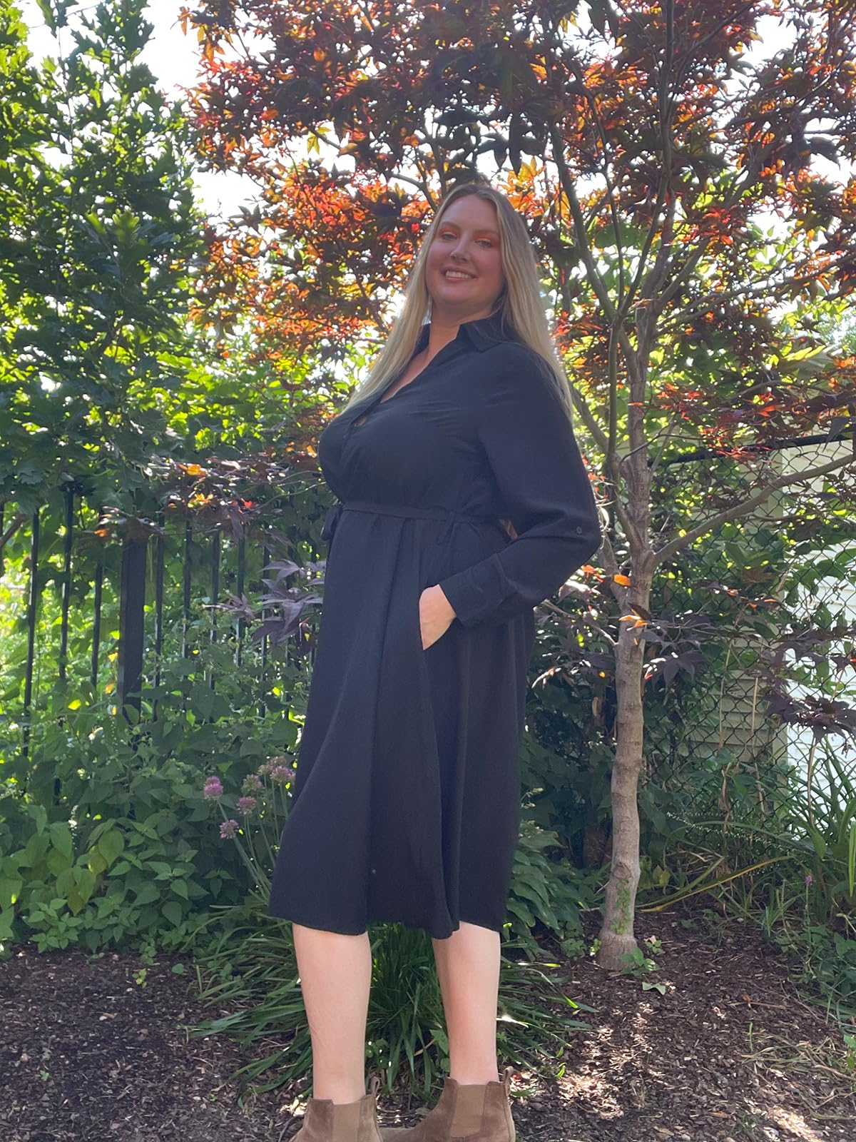 RITERA Übergröße Kleider für kurvige Frauen, langärmelig, Midi, lässig, Hemdkleid, V-Ausschnitt, Knopfleiste, Arbeitskleid mit Tasche, Größe XL-5XL