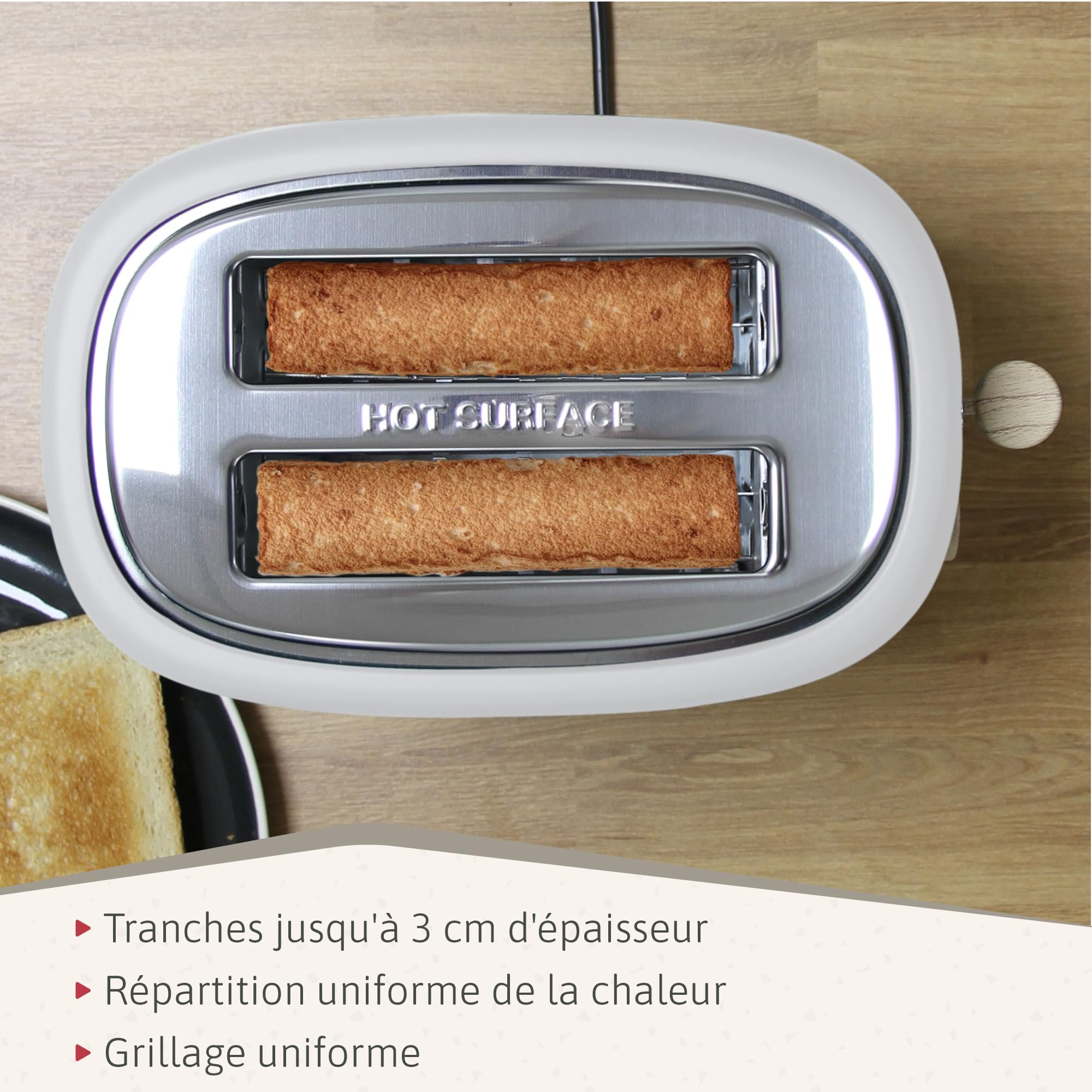 briebe Nordic Grille Pain 2 Fentes, Tranches Larges, 6 Niveaux de Dorage, Support à Petits Pains, Décongélation, Réchauffe et Annulation, Plateau à Miettes, Design Nordique 870W, Blanc