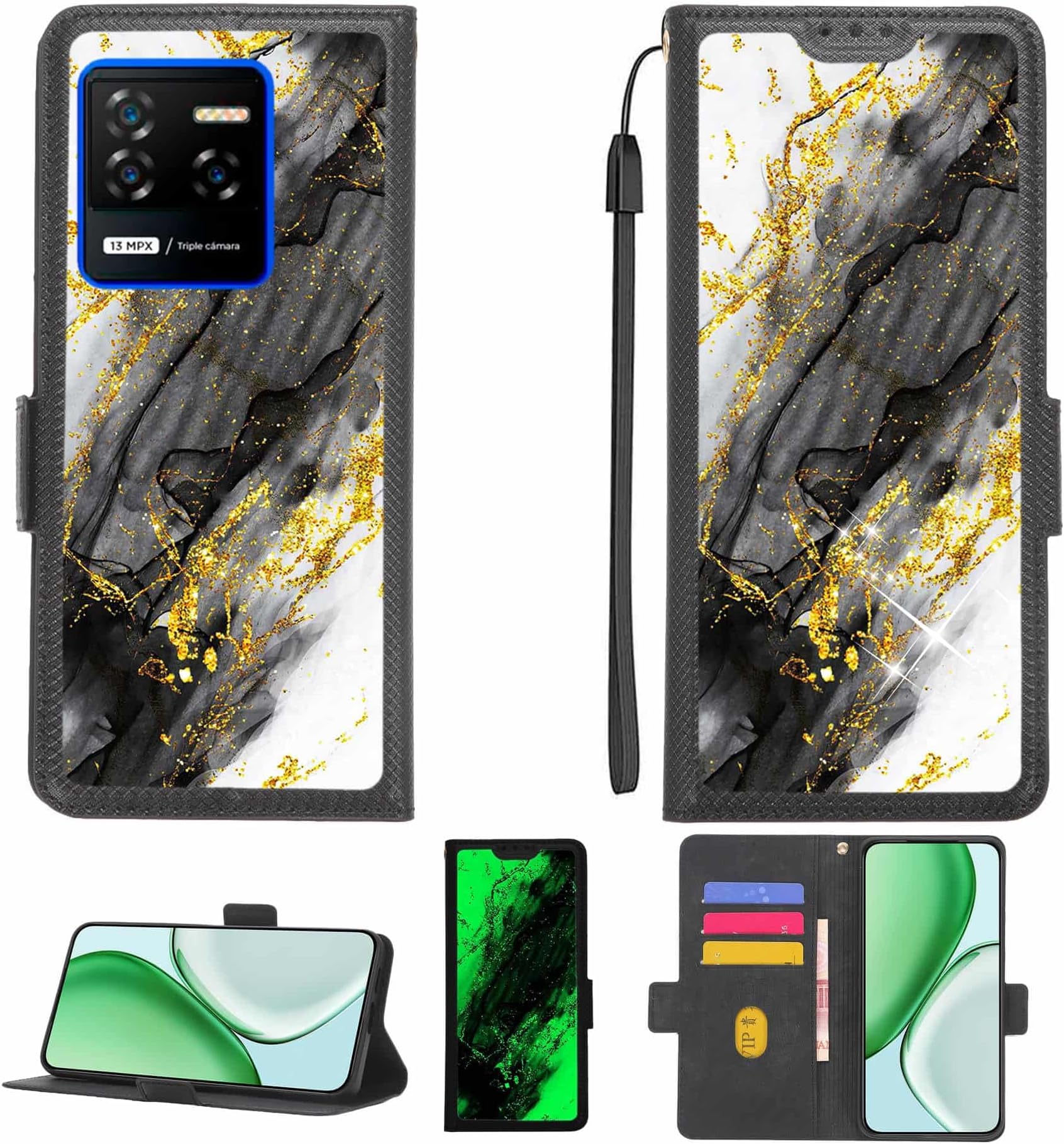 Case Compatible for Krono NET HIT Phone Case Flip Cover [with Tempered Glass Screen Protector][RFID Blocking][Gold Glitter+Luminous] LPT-HDL