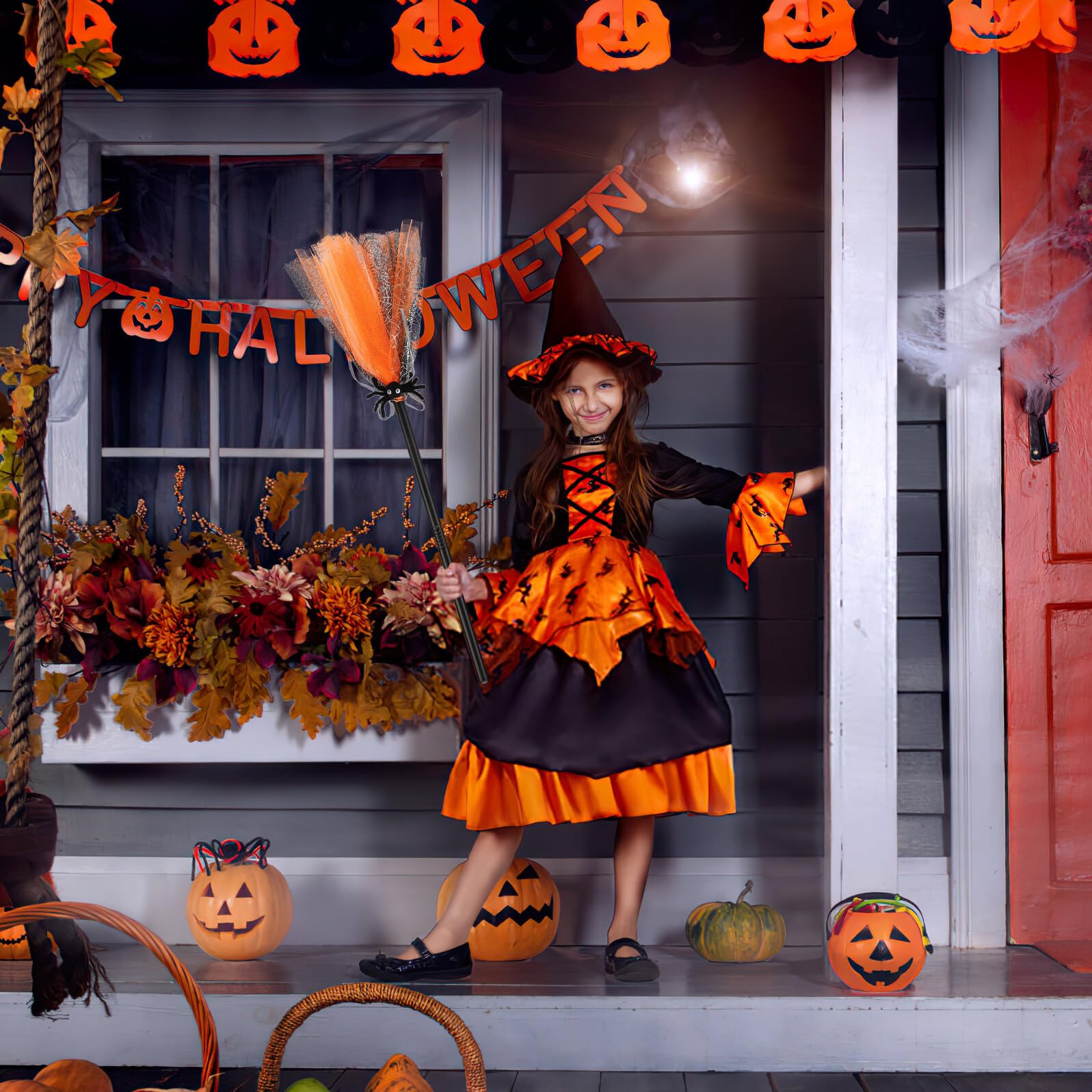 GALPADA Spazzola da Strega Halloween in Plastica e Rete Accessorio Decorativo per Feste e Cosplay Scopa Magica Arancione per Masquerade e Party Tema Halloween