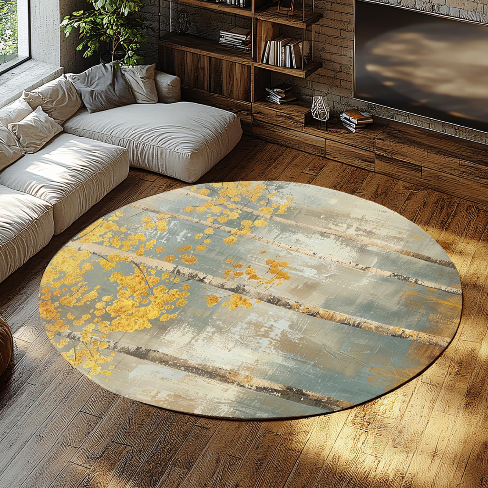 Tapis feuilles dorées rond bouleau pour une décoration raffinée