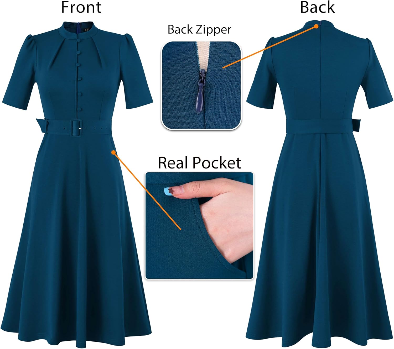 VFSHOW Womens 2024 Business Work Office Pockets Belted Buttons Elegant Fit and Flare A-Line Dress