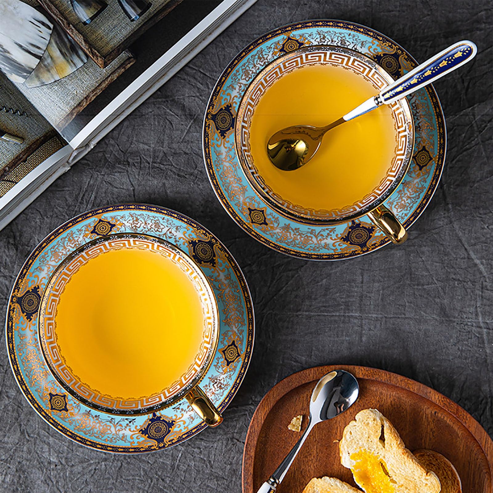YUDIZWS Set di tazze da tè in porcellana con cucchiaio d'oro e confezione regalo, tazze da caffè da tè e piattini Set di 1 tazza da tè in porcellana Tazza da caffè,6pcs