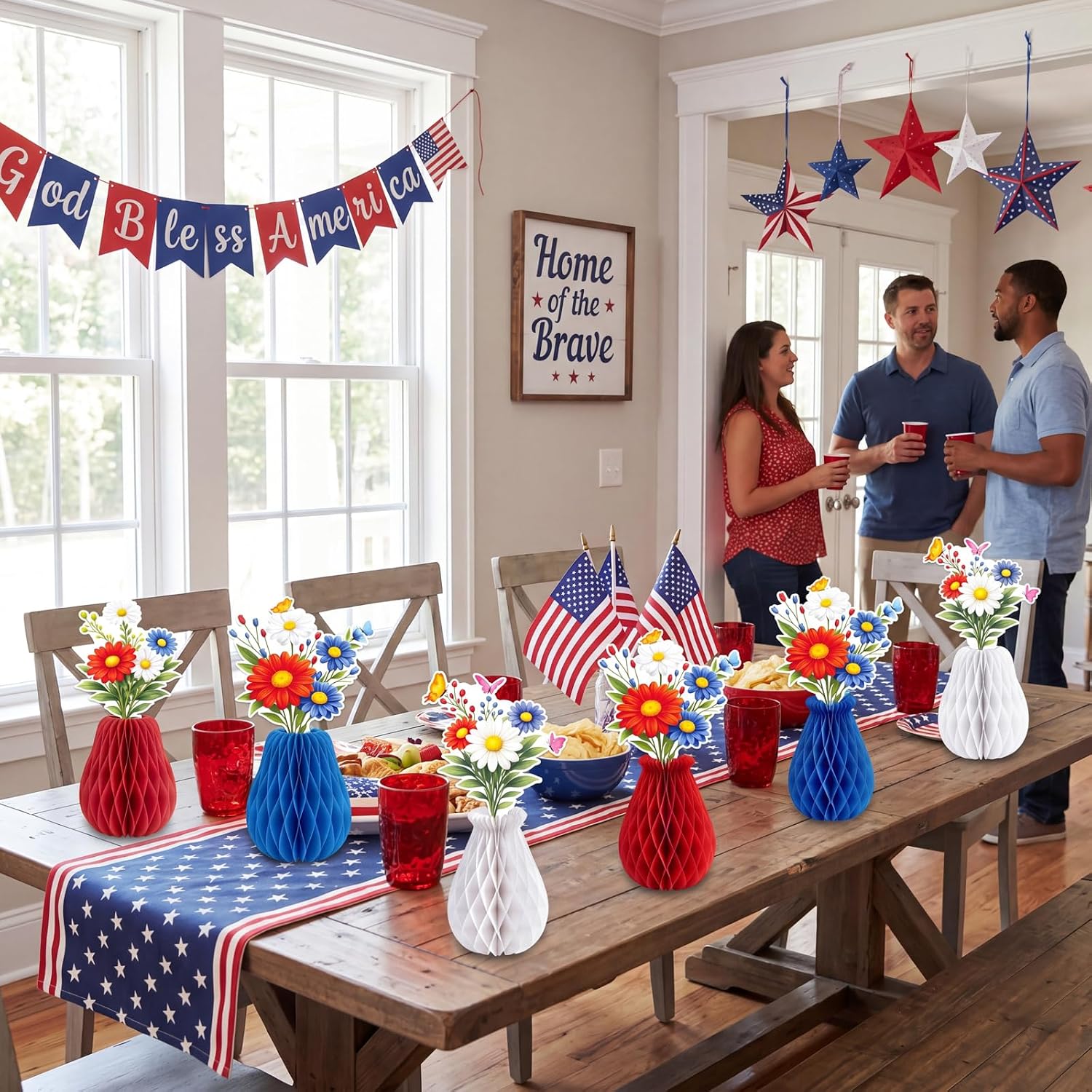 9PCS Forth/4th of July Wildflower Decorations Red White and Blue Paper Wild Flowers Honeycomb Table Centerpieces, Garden Theme Birthday Party Decor Supplies for Independence Patriotic Memorial Day