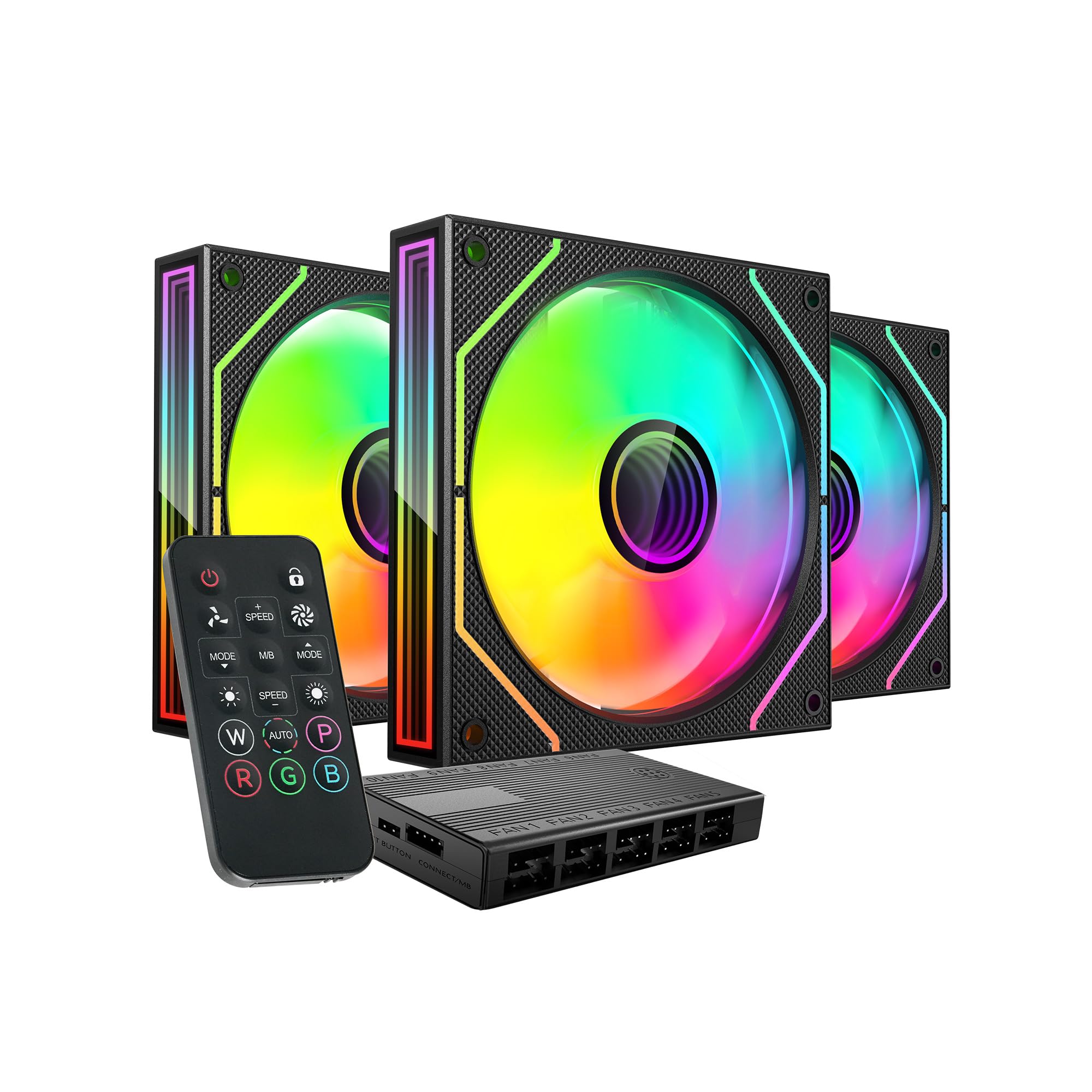 MARS GAMING MF-3DPROKIT, Kit 3x Ventiladores PWM 120mm, Iluminación ARGB Infinity Mirror 3D, Sistema Control PWM, Rodamientos FDB, Mando a Distancia y HUB, Compatibilidad Total ARGB, Negro
