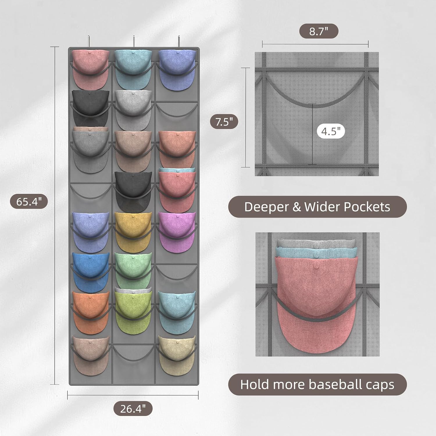 Grey Hat Organizer Racks for Baseball Caps, 24 Deeper Pockets Baseball Hat Rack, Cap Rack, Hat Rack for Door with 3 Hooks