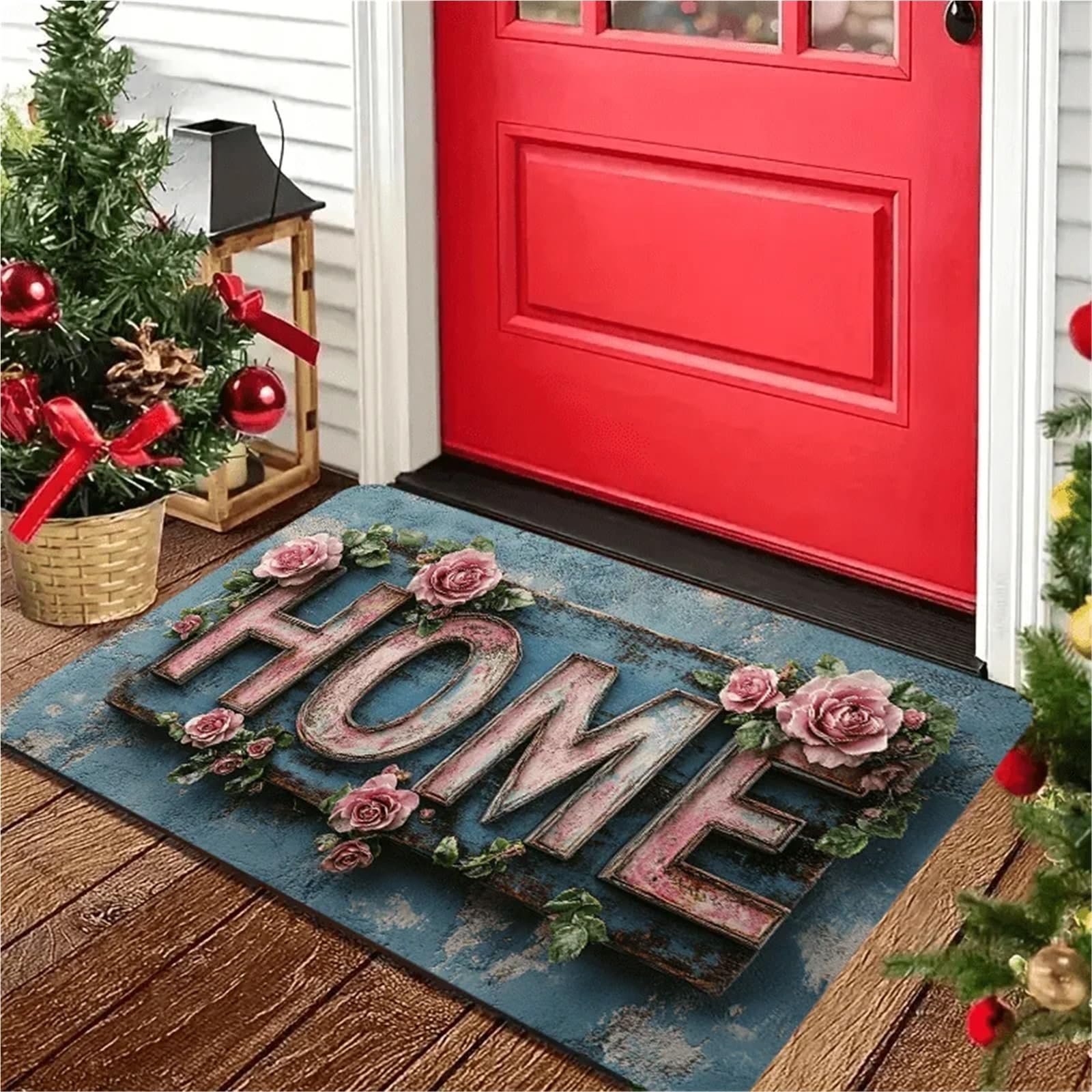Felpudos Entrada Casa Felpudo rústico 3D Floral for Puerta de casa, Alfombra Bienvenida romántica con Rosas Rosadas Modernas, decoración navideña Lavable Antideslizante