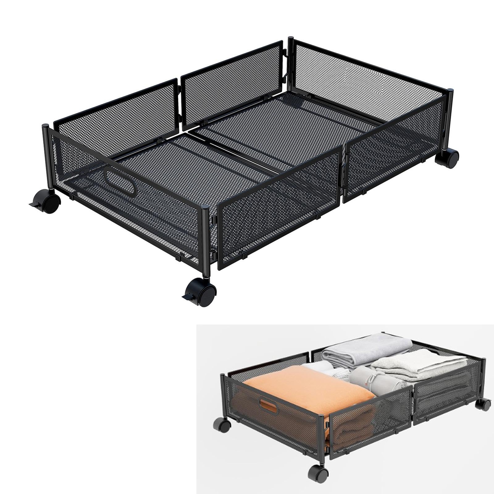 Cesto Portaoggetti Sottoletto con Ruote, Semplice Contenitore Salvaspazio Sottoletto per Vestiti E Scarpe da Appartamento, Nero
