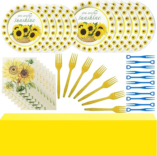 Miniatura 1 de Suministros de fiesta de girasol, cubiertos de girasol, tenedor, platos, servilletas, mini tenedor de frutas, mantel de decoración de fiesta de