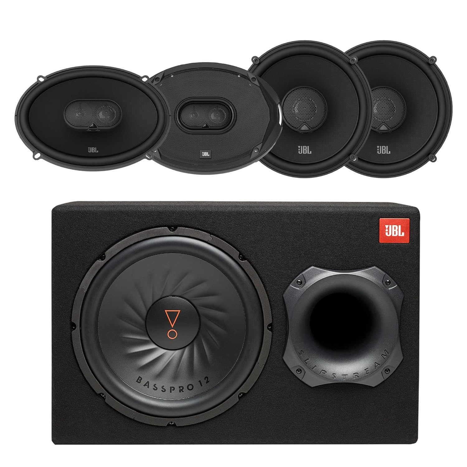 JBL BASSPRO12 12 Loaded Powered Subwoofer w JBL STADIUM962M 6x9 and STADIUM62F 6 5 Renewed