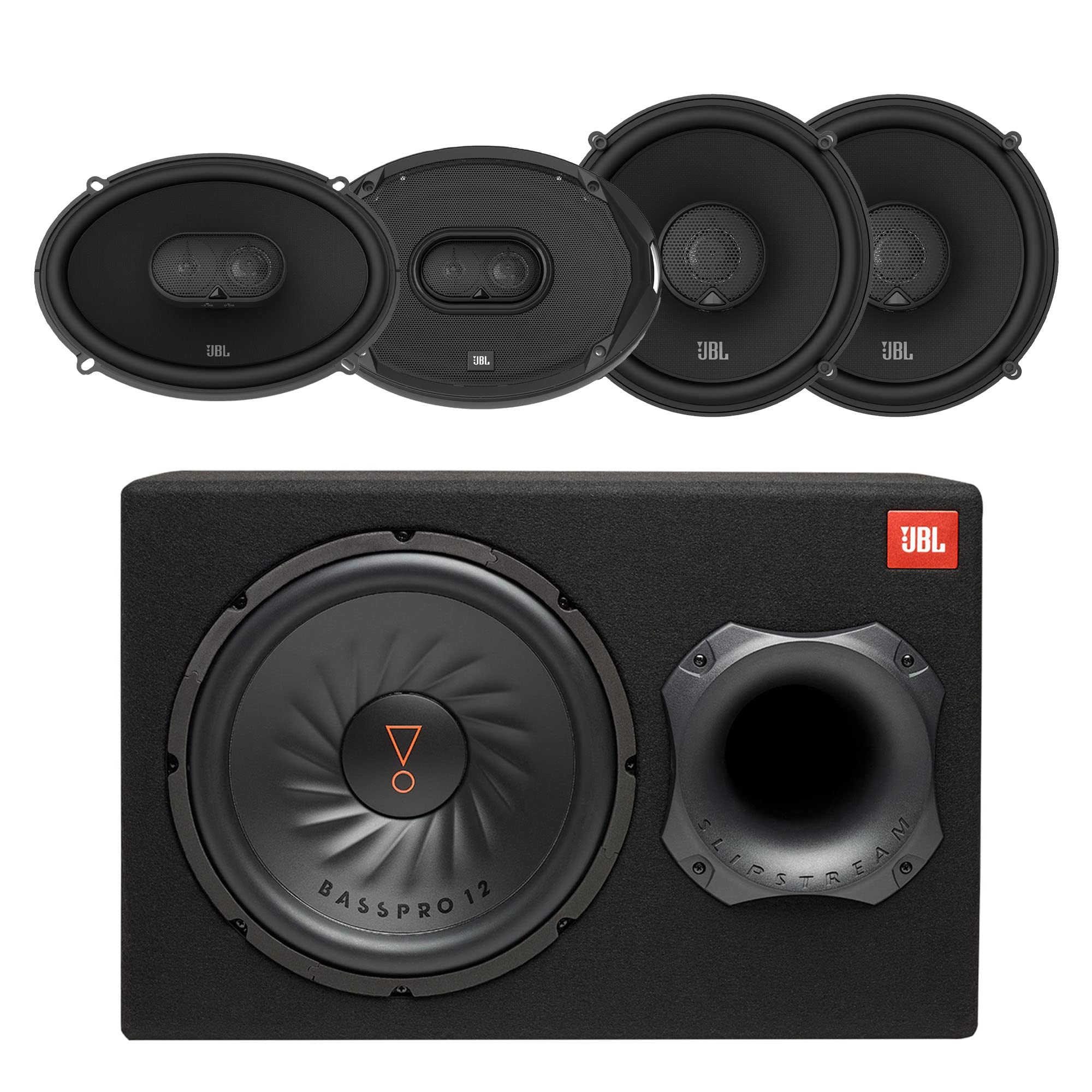 JBL BASSPRO12 12 Loaded Powered Subwoofer w JBL STADIUM962M 6x9 and STADIUM62F 6 5 Renewed