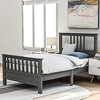 Vista 1 de Marco de cama de madera maciza, cama de plataforma de madera con cabecera y estrio, no necesita somier, fácil montaje para niños, individual (gris)