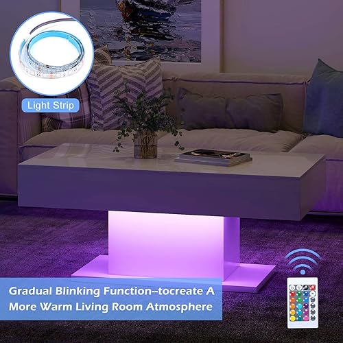 Miniatura 5 de Mesa de centro LED blanca con luces LED, moderna mesa de centro de alto brillo para sala de estar (43.3 x 21.6 x 19.9 pulgadas) (blanco)