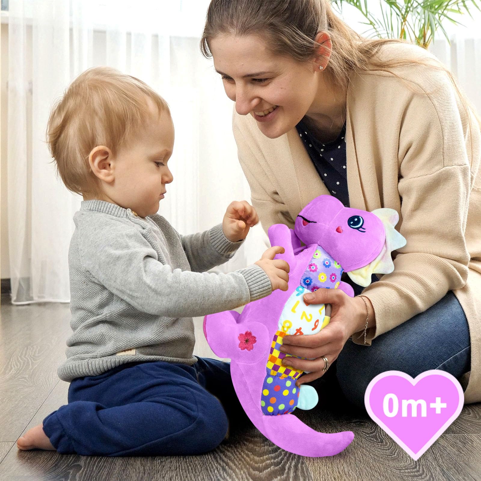 Baby Dino Giocattoli musicali di peluche per 0-3-6-9-12 mesi, dinosauro per neonati, giocattoli per la pancia, con carta sonora increspata, massaggiagengive, texture e sonagli per neonati, ragazzi e