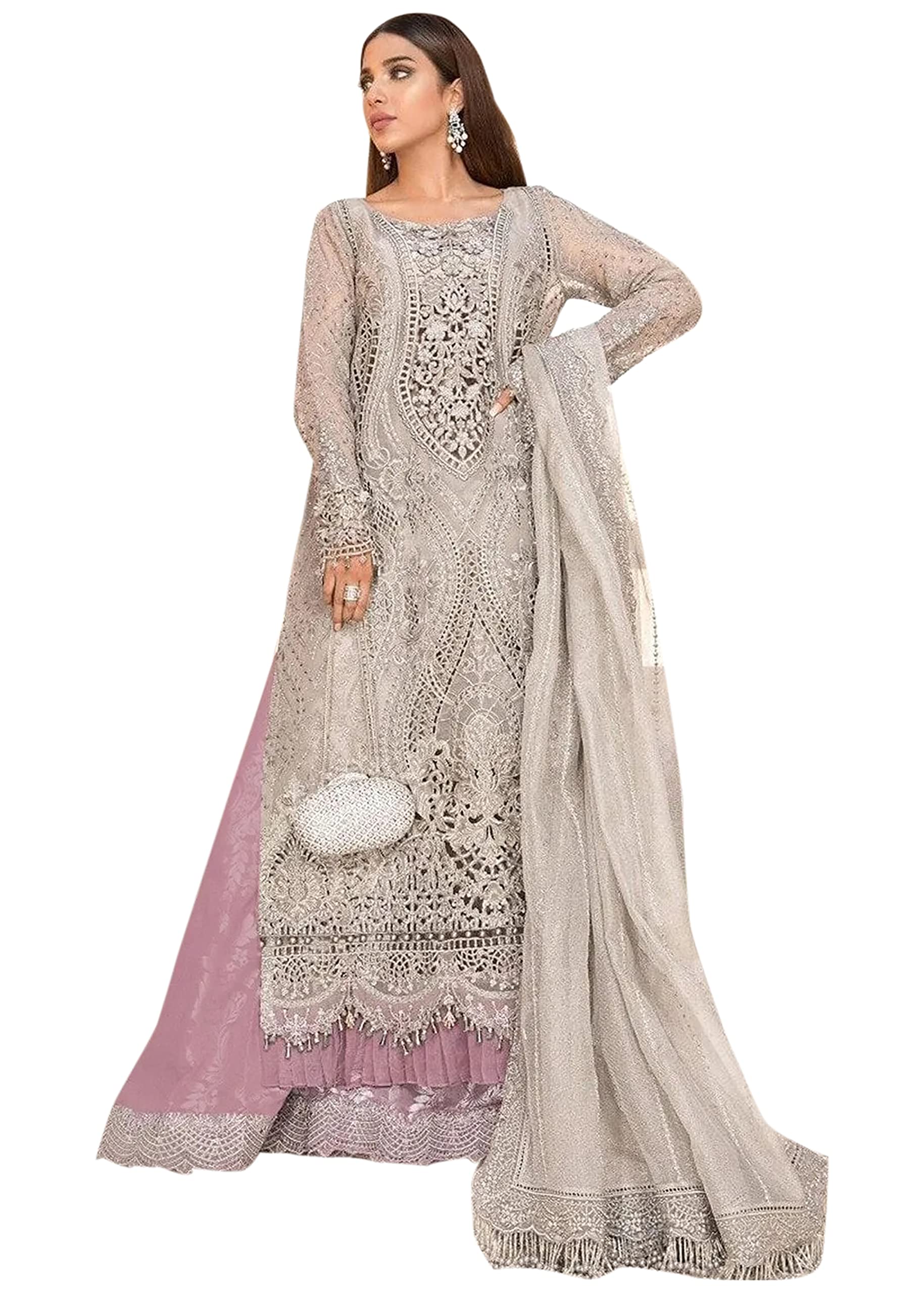 Uday Enterprise women's net with soft silk semi stitched embroidery and diamond work grey color salwar suit