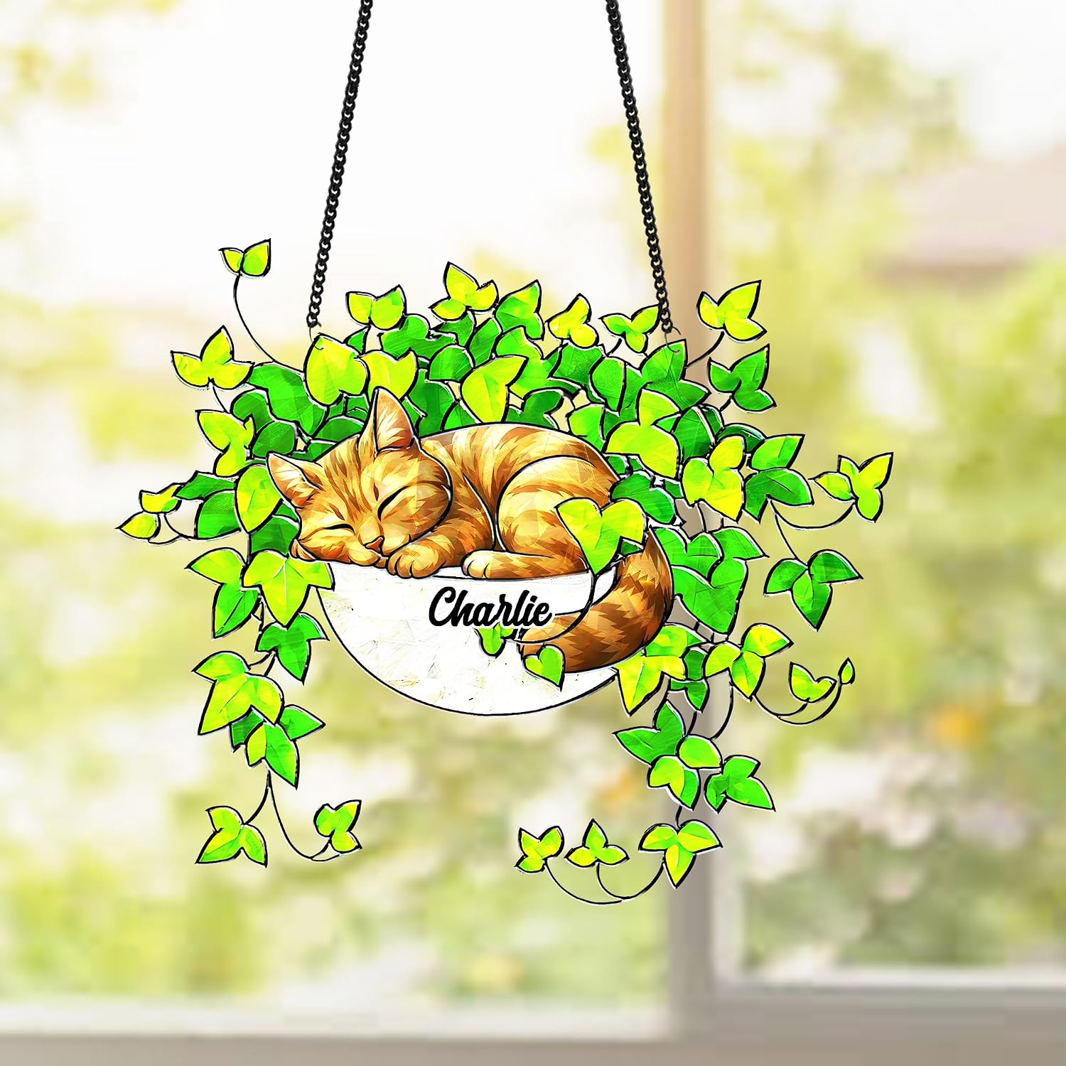 Custom Pet Sleeping in Pothos Plant Acrylic Suncatcher, Hanging Window Decor with Metal Chain, Hanging Plant Gift for Pet and Plant Lovers