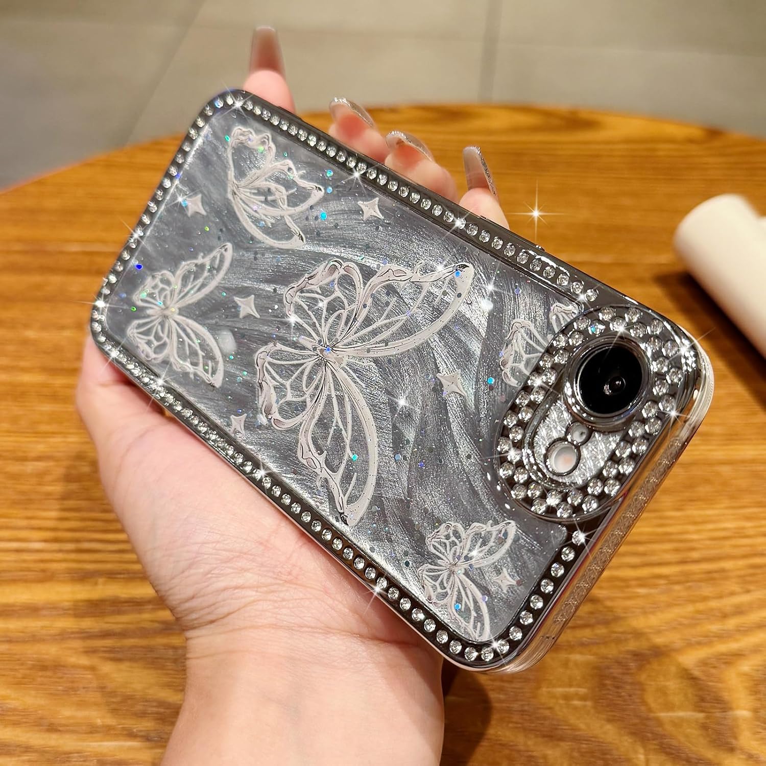 for iPhone 16e Bling Butterfly Case, Cute Luxury Sparkle Glitter Diamond Crystal Rhinestone Protective Case Cover for Girls Women Kids Compatible with iPhone 16e 6.1 Inch,Silver - Image 5