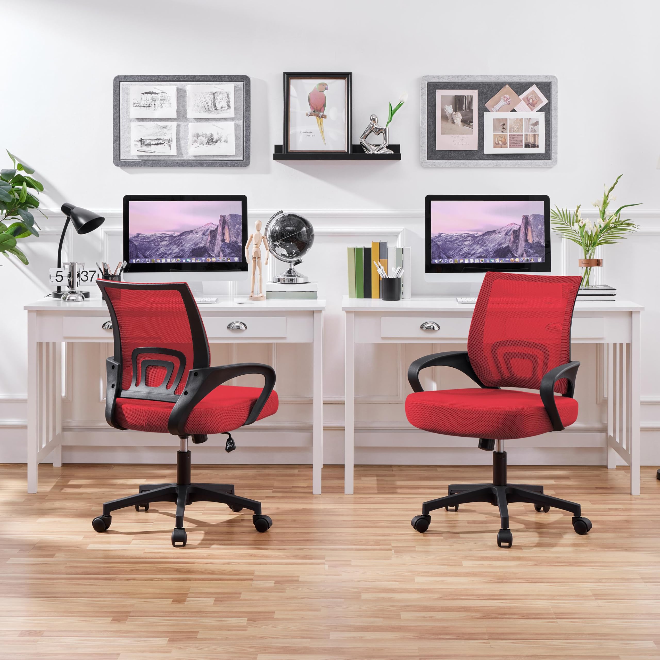Yaheetech Ergonomiczne krzesło biurowe z siatką i podłokietnikami, obrotowe krzesło z siatki, fotel szefa, funkcja przechylania, regulacja wysokości, oszczędność pleców, obciążenie do 136 kg, czerwone