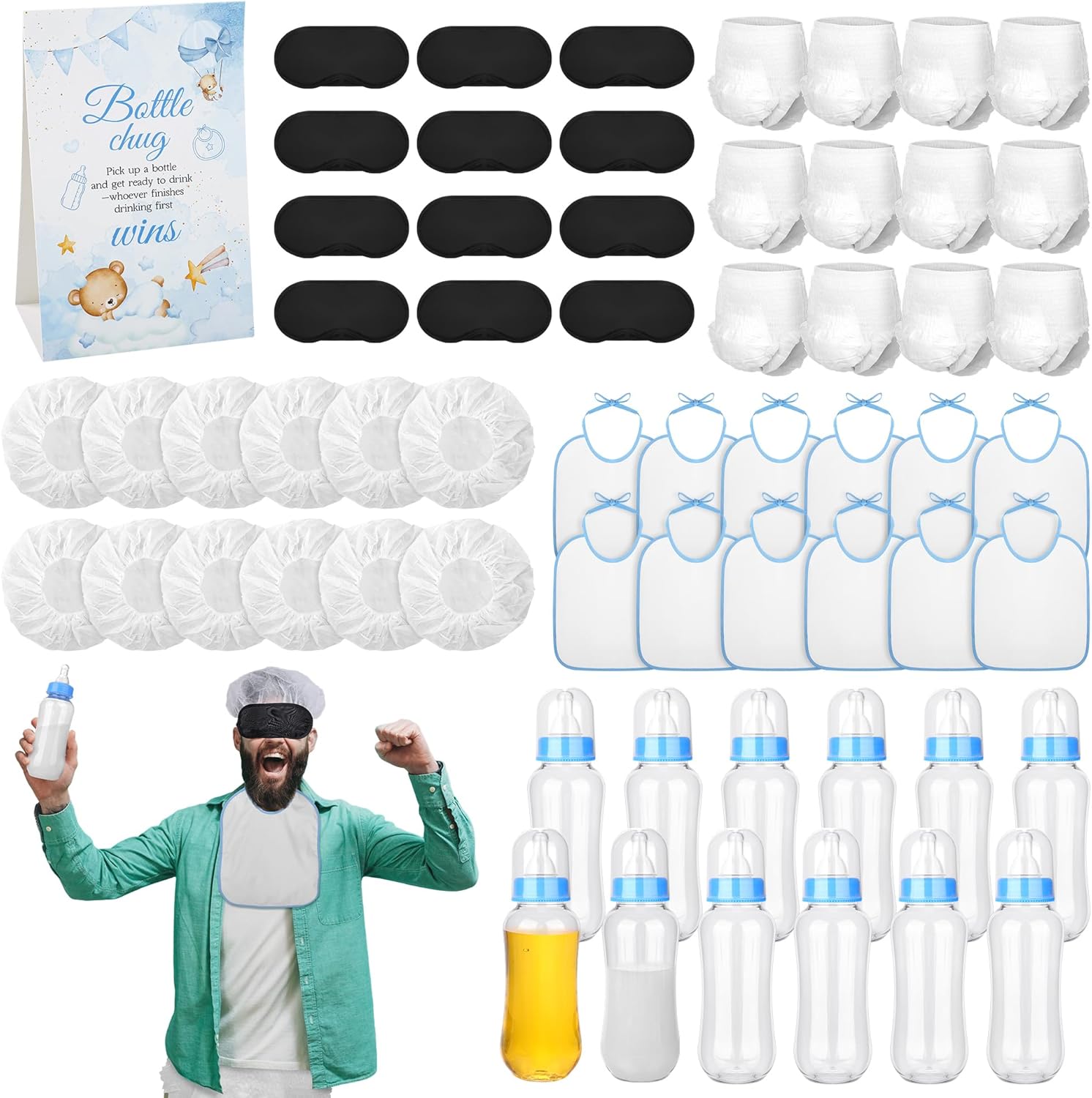 Aneco 12 Set Bottle Chug Baby Shower Games, Plastic Juegos Para Baby Shower Bottle, Gender Reveal Race Gifts Decoration with Bottles Bibs Sign Diapers Caps Blindfolds for Adult Party Supplies, Blue