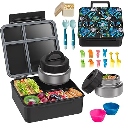 Bento Lunch Box with 9.5 oz Soup Thermo, Kids Leakproof 4 Compartments Bento Box with Silicone Cupcake,Fruit Fork,Spoon and Sauce Cup,Insulated Food Jar for School Travel-Game
