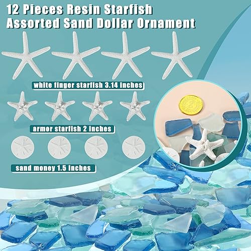 Miniatura 4 de Decoración de cristal de mar de 5.3 onzas para manualidades, piezas de vidrio de mar azul esmerilado y 12 piezas de resina surtida, estrella de mar