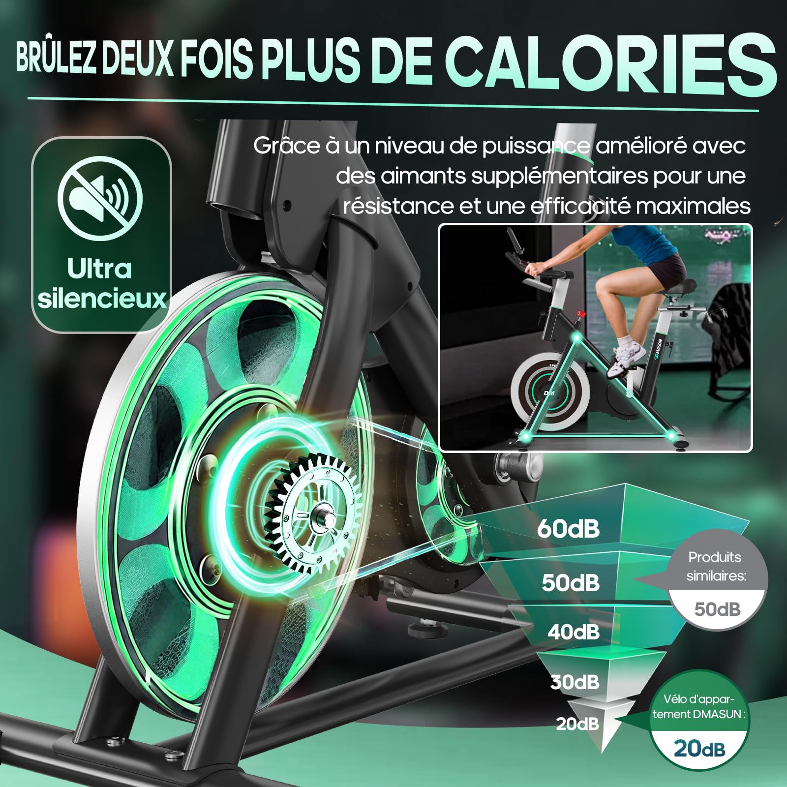 Vélo d'Appartement, DMASUN Velo d Appartement avec Résistance Magnétique Renforcée, Volant d'inertie lourd, Velo Appartement Ultra-Silencieux avec Support d'Haltères, Siège Confortable, Capacité 180KG