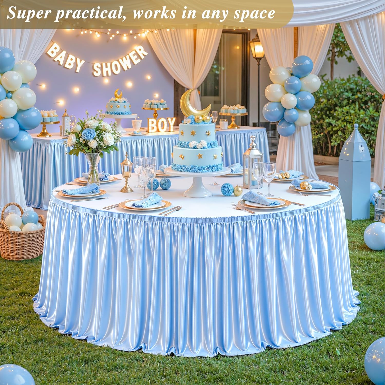 9Ft Baby Blue Satin Table Skirt for Rectangle or Round Tables, Wrinkle-Free & Ruffle Pleated Teacher Desk Skirt Sparkly Spandex Table Skirting for Home Office & Kitchen, Trade Shows, Wedding Party