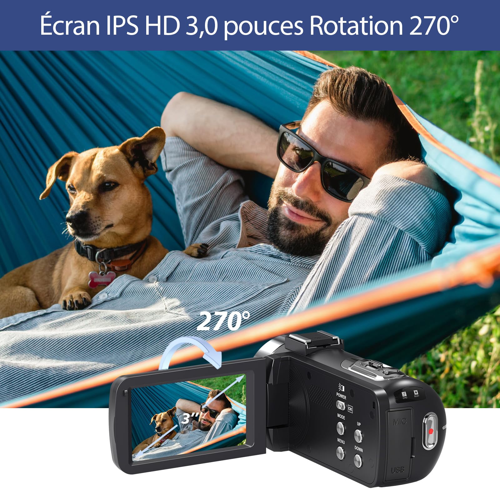 Caméscope 4K Caméra Vidéo HD 80MP 30FPS Vision Nocturne Infrarouge Zoom Numérique 18X Webcam Camescope, 3,0’’ Pouces Rotation à Écran IPS Vlogging Camera pour Youtube avec 2 Batteries, Carte SD 32Go