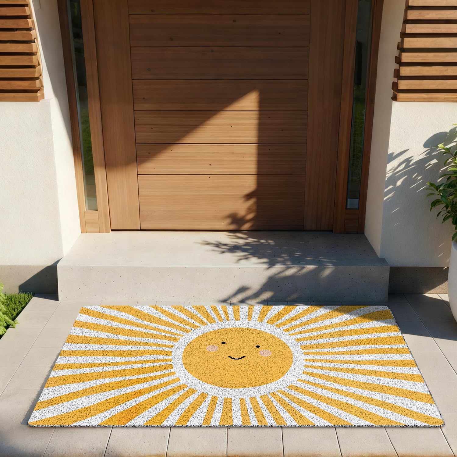 Smiling Sun Boho Door Mat, Retro Yellow Sunshine Doormat Non-Slip for Porch Indoor Outside Entrance Entryway, Boho Welcome Mat Front Door, 17x30 Inch