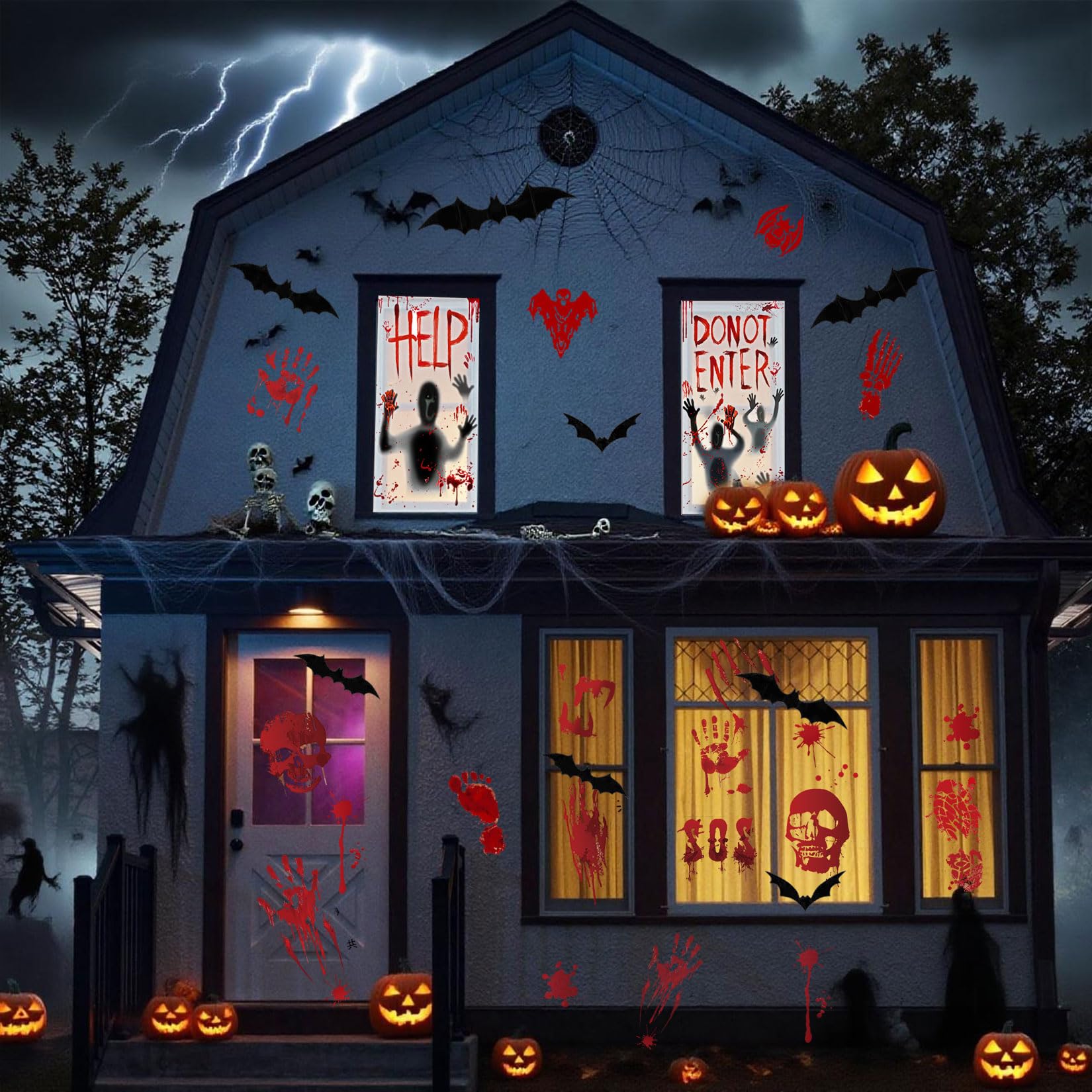 Déco Halloween Effrayante Pour Fenêtres – 2 Stickers Géants + 8 Autocollants Sanglants + Chauves-souris 3D - 3