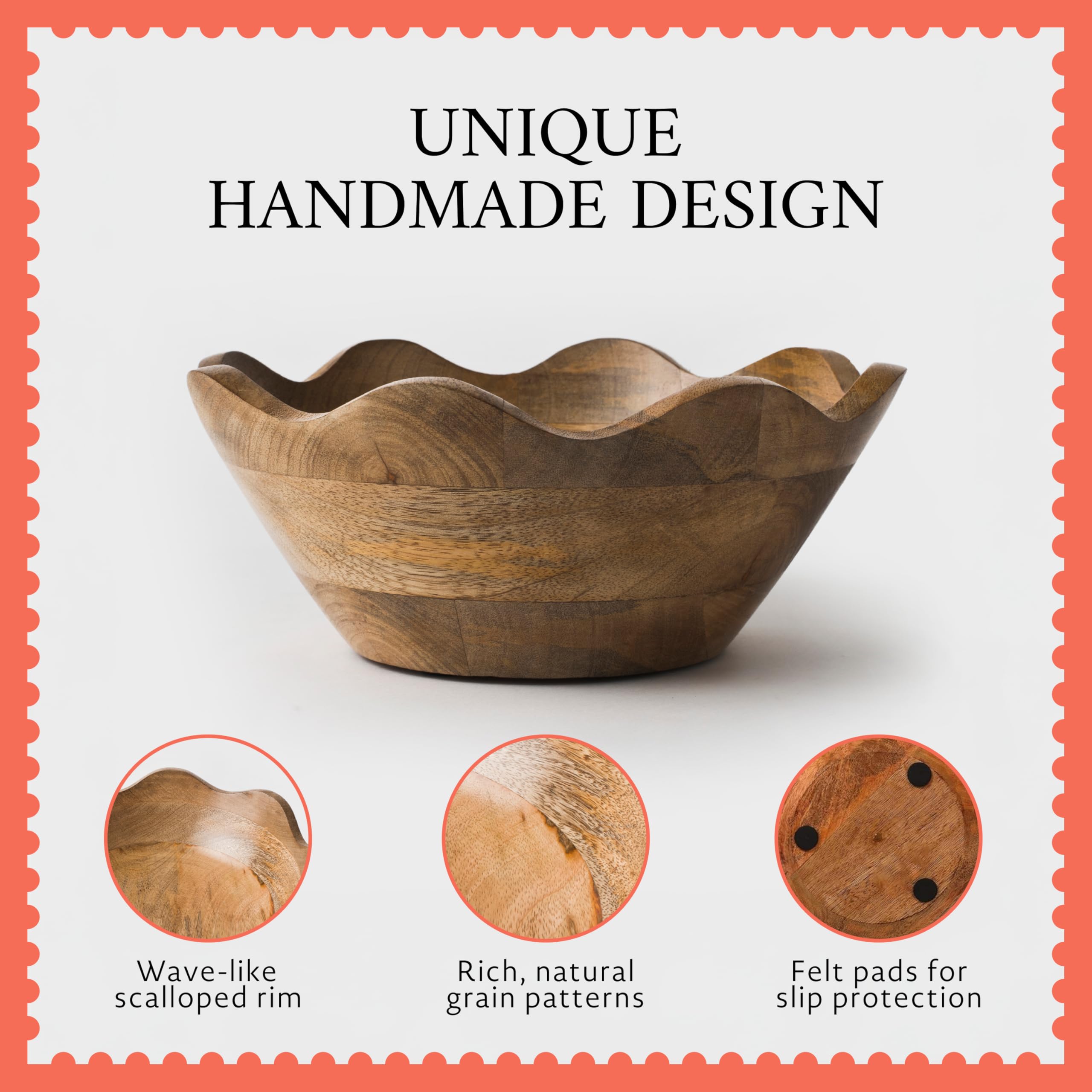 Mela Artisans Cuenco festoneado de madera, mediano, estilo decorativo con volantes, decoración rústica de cocina, madera de mango, acabado de grano natural, se adapta a pan, frutas, ensalada o