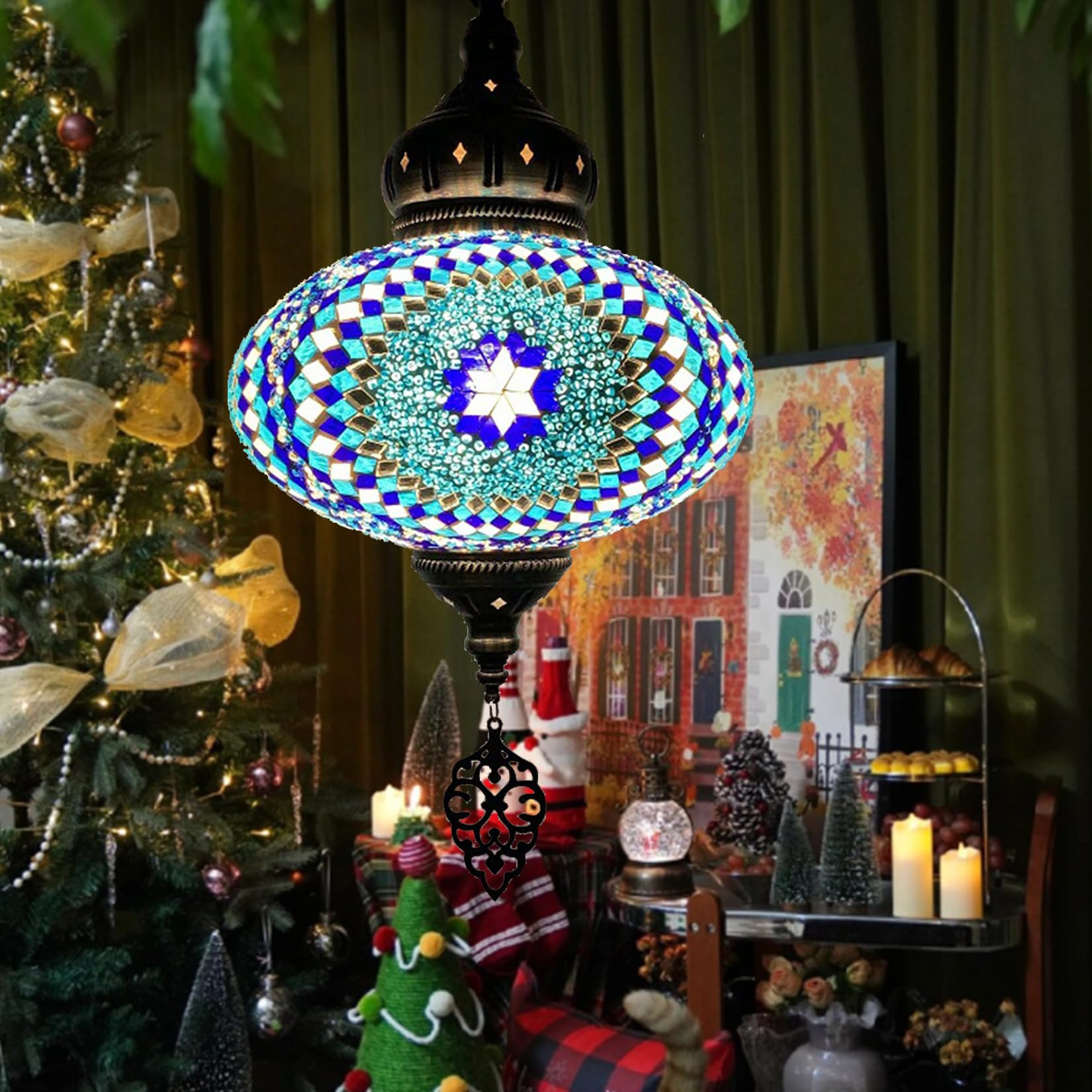 Lámpara de techo colgante estilo turco multicolor y azul para decoración interior